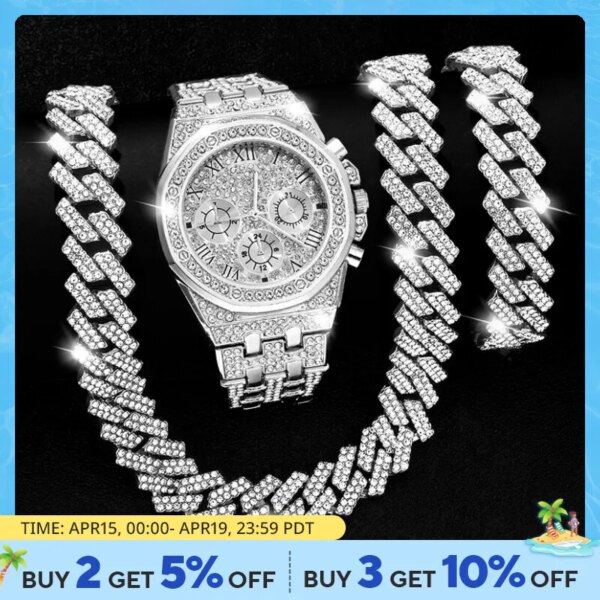 14MM Iced Out Cuban Link Chain 1 Set Hip Hop Charms Jewelry Gold Silver Color Rhinestone CZ Clasp Choker For Men Long Necklace