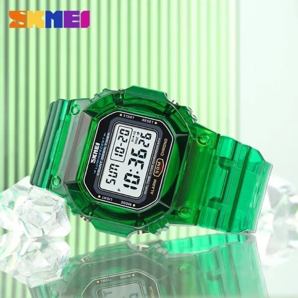 SKMEI 1999 Transparent PU Strap Lady Wristwatch Shockproof reloj mujer Multifunctional  2 Time Count Down Women Digital Watches