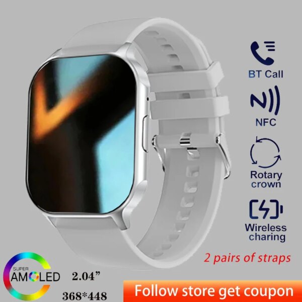 HK26 Smart Watch Men Women 2.04inch AMOLED Screen Bluetooth Call Music NFC AI Voice Custom Dial Sport Fitness Tracker Smartwatch