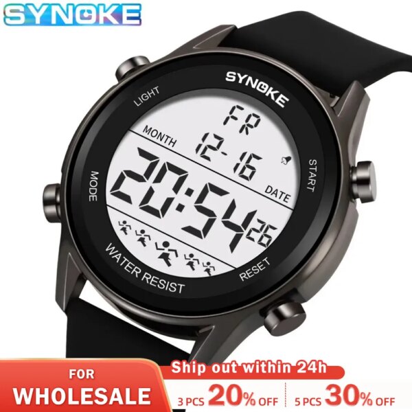 SYNOKE Men Outdoor Sports Multifunctional Waterproof Large Screen Display Luminous LED Digital For Men Fashion Silicon Watch