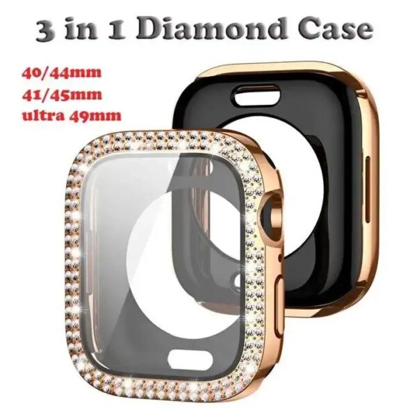 Diamond Case + Back cover For Apple Watch 7 8 45mm 41mm 49mm 44mm 40mm Glass Screen Protector Cover Bumper iWatch 4 5 SE 6 Ultra