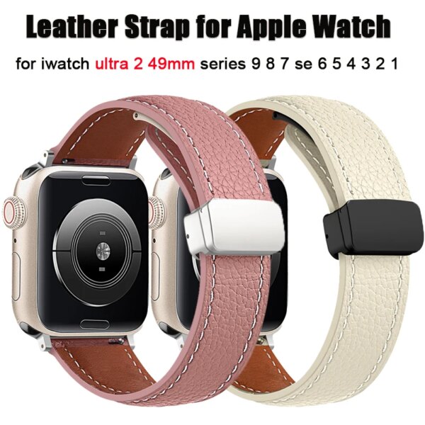 Leather Strap for Apple Watch Ultra 2 Band 49mm 9 8 7 44mm 41mm 42 45mm Magnetic Buckle for IWatch Series Ultra 6 5 SE Bracelet