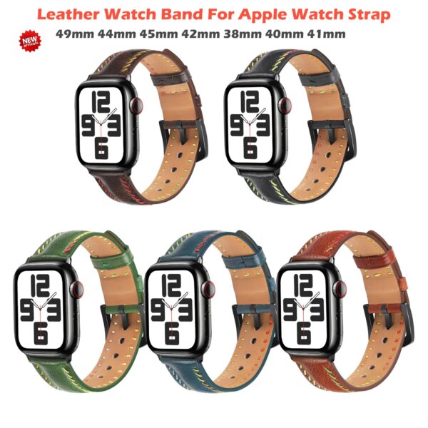 Leather Watch Band For Apple Watch Strap 49mm 44mm 45mm 42mm 38mm 40mm 41mm Woman Man Bracelet iWatch Series 9 8 7 6 5 4 Se Band