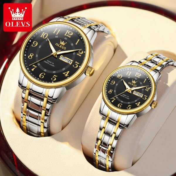 OLEVS Couple Watch Top Brand Luxury Watch Fashion Original Quartz Watch Stainless Steel Waterproof Glow His/Her Couple Set