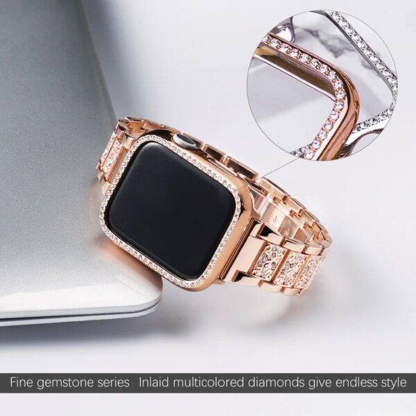 Case+Bling strap for Apple Watch band 40mm 44mm 41mm 45mm 38mm 42mm 40 mm Diamond Metal bracelet iWatch series 9 8 3 6 se 7 band