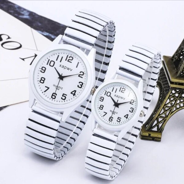 1PCs Fashion Business Women Men Watches Elastic Strap White Black Quartz Watch Tide Vintage Couple Party Office Watches Gifts