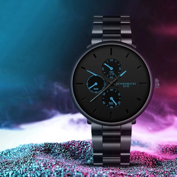 1Pc Men's Fashion Trend Casual Three Eyes Digital Blue Needle Steel Band Quartz Watch To Husband Friends Christmas Birthday Gift