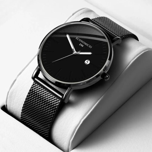 1Pcs Men's Fashion Trend Ultra-Thin Simple Scale Silver Needle Black Mesh Quartz Watch Men's Business Watch