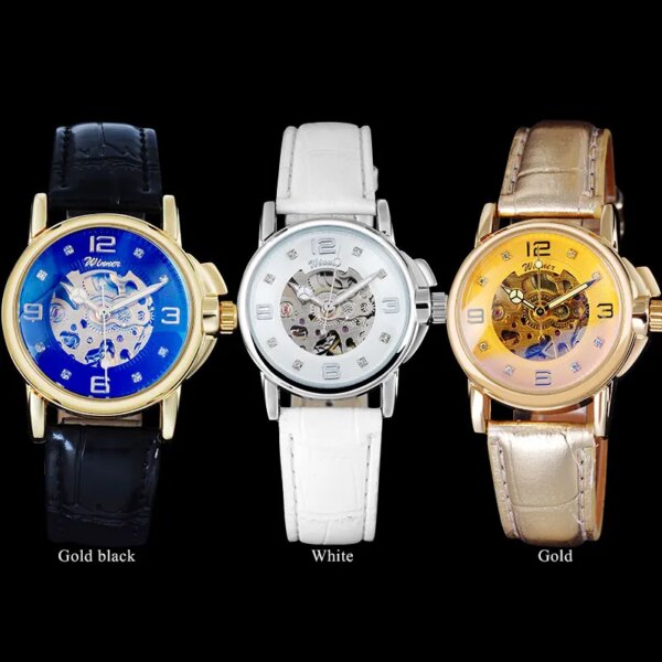 2016 WINNER popular brand women watches luxury automatic self wind watch skeleton dial transparent glass gold case leather band