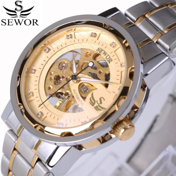 2017 New Hot Sale Skeleton Fashion Mechanical Men Watch SEWOR Luxury Branded Business Watches Stainless Steel Strap Gift Boxes