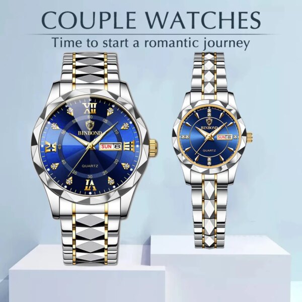 2023 Binbond Sets of Watches for Him and for Her Waterproof Stainless Steel Quartz Blue Couple Items for Lovers Wristwatches