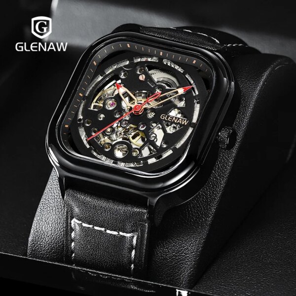 2023 GLENAW automatic watch square skeleton mesh steel belt mechanical business clock waterproof night glow Relogio Masculino