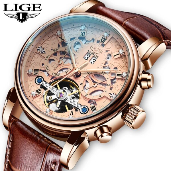 2023 LIGE Business Mens Mechanical Watches Top Brand Luxury Creative Automatic Date Watch For Men Leather Waterproof Wristwatch