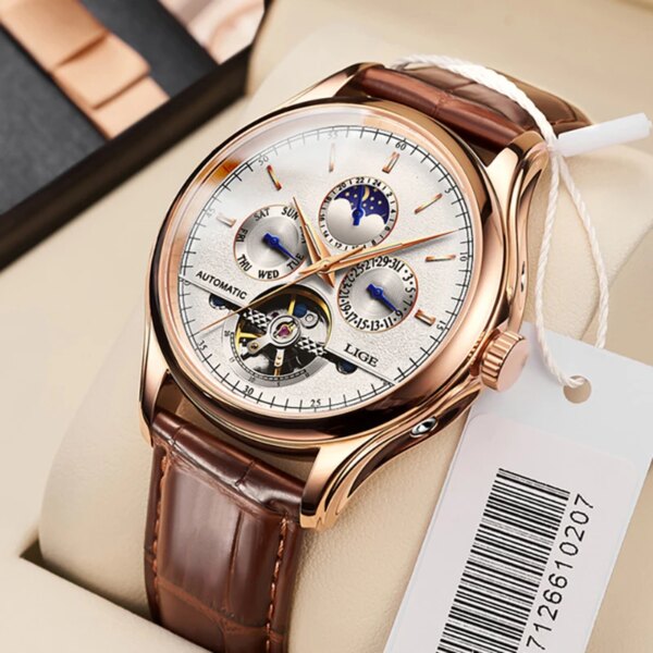 2023 LIGE Mens Watches Automatic Mechanical Watch Tourbillon Sport Clock Leather Casual Business Retro Wristwatch Relojes Hombre