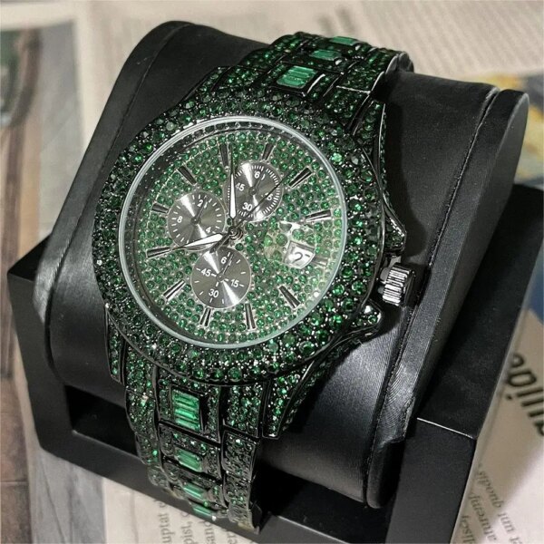 2023 New MISSFOX Luxury Men's Green Watches Automatic Date Fashion Waterproof Quartz Wrist Watches Man HipHop Iced Diamond Reloj