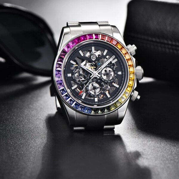 2023 New PAGANI DESIGN High-end Fashion Rainbow Bezel Men Mechanical Watches Stainless Steel Hollow Out Automatic Watch for Men