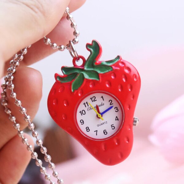 2023 girls women cartoon pocket necklace quartz watches creative key chains lovely personality red strawberry electronic watch