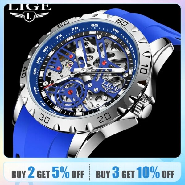 2024 LIGE Fashion Men Watch Luxury Wristwatch Automatic Watches For Men Casual Silicone Waterproof Mechanical Watch Montre Homme