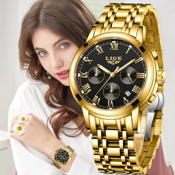 2024 LIGE Fashion Women Watches Ladies Top Brand luxury Waterproof Gold Quartz Watch Women Stainless Steel Date Wear Gift Clock