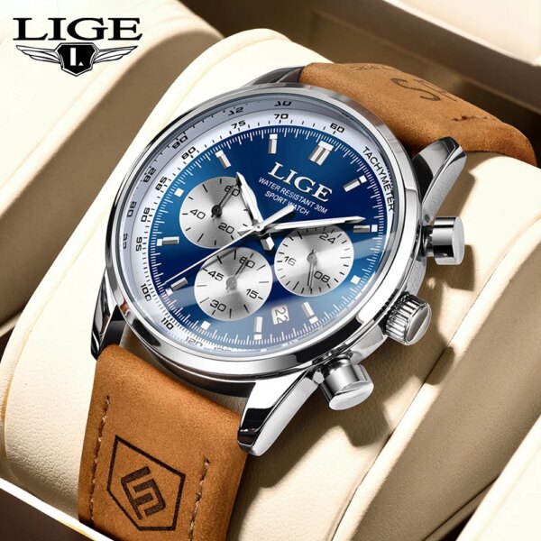 2024 LIGE Panda Eyes Quartz Mens Watches Fashion Business Leather Strap Waterproof Date Chronograph Luminous Watch For Men