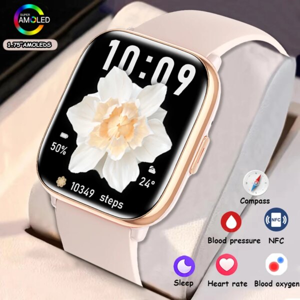 2024 NEW HD12 AMOLED Screen Smart Watch Men Women Bluetooth Call NFC Calendar Smartwatch Heart Rate Blood Pressure Sport Watch