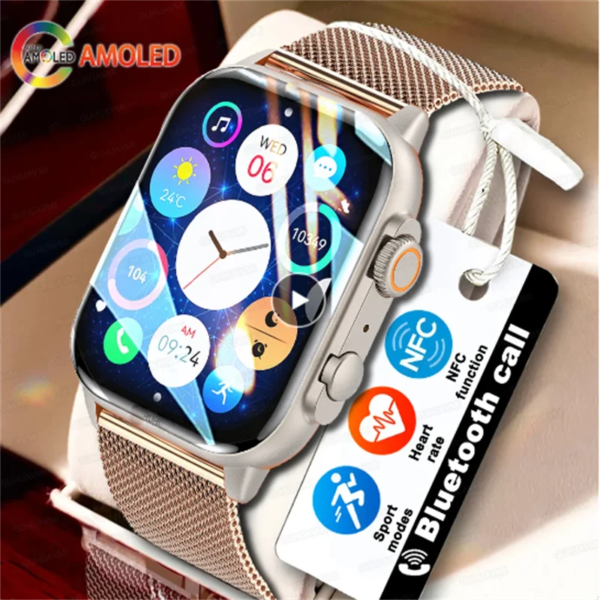 2024 NFC Smartwatch AMOLED Screen Always show Time Bluetooth Call Series 9 Clock Custom Dial Men Sport Health Women Smart Watch