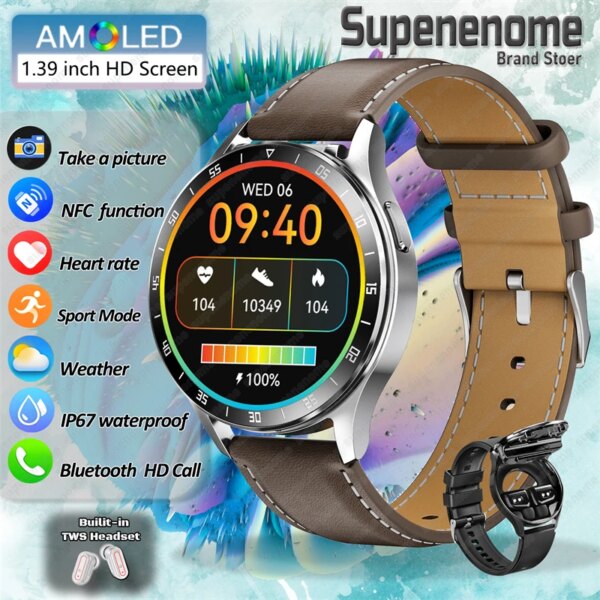 2024 New Headset Music Smart Watch TWS 2 In 1 Wireless BT Dual Headset Call Health BloodPressure Sport Men Smartwatch For Huawei