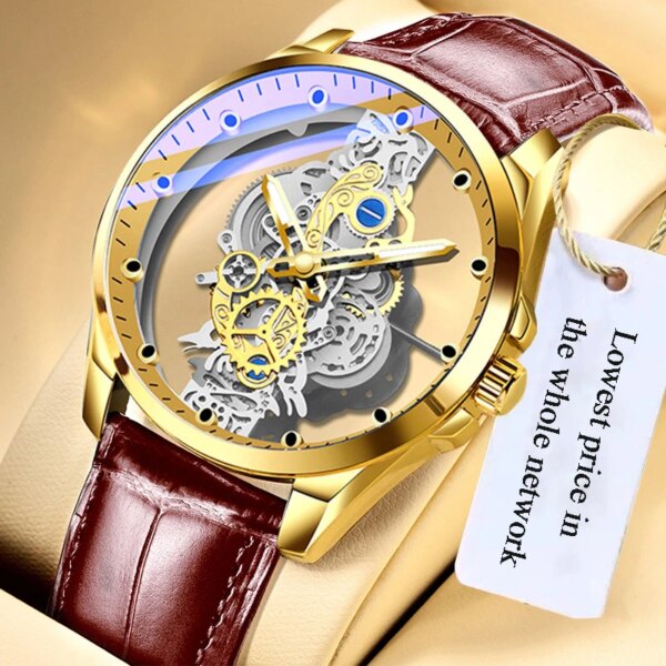 2024 New Men Watch Skeleton Quartz Wristwatch Gold Skeleton Retro Man Watch Top Brand Luxury Clock Mens Watches Reloj Hombre