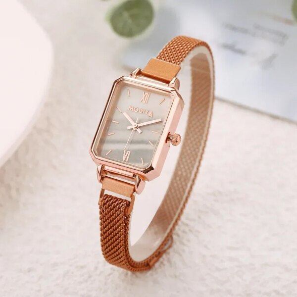 2024 New Women Watches Fashion Square Ladies Quartz Watch Magnetic Strap Green Dial Simple Rose Gold Mesh Luxury Women Watches