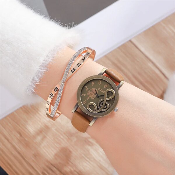 2024 Vintage Punk Style Personalized Leather Watch Women Fashion Casual 3D Musical Note Sign Quartz Wristwatch Relogio Feminino