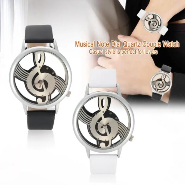 2Colors Quartz Analog Couple Watch Round Hollow Musical Note Dial PU Strap Wristwatch Unisex Fashion Creative Watch