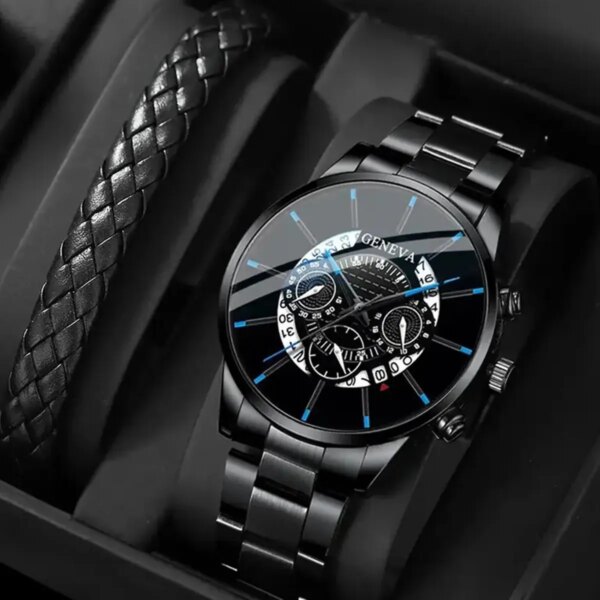 2PCS Fashion Business Men's Calendar Round Black Steel Band Watch+Woven PU Leather Bracelet Set