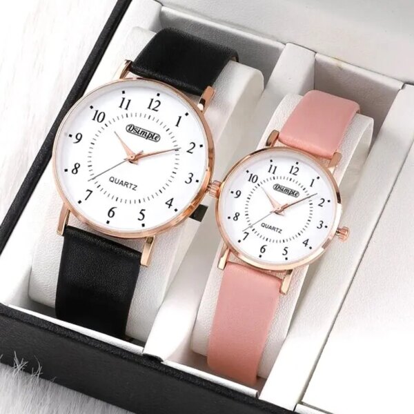 2PCS New Fashion Simple Lovers Set Watches Luxury Men Women Leather Quartz Watch for Rose Gold Business Casual Wristwatch