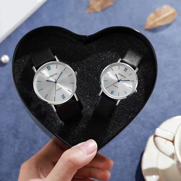 2PCS Set Couple Fashion Casual Black Leather Watches Ladies Simple Dial Quartz Wristwatches Dress Clock Montre Femme