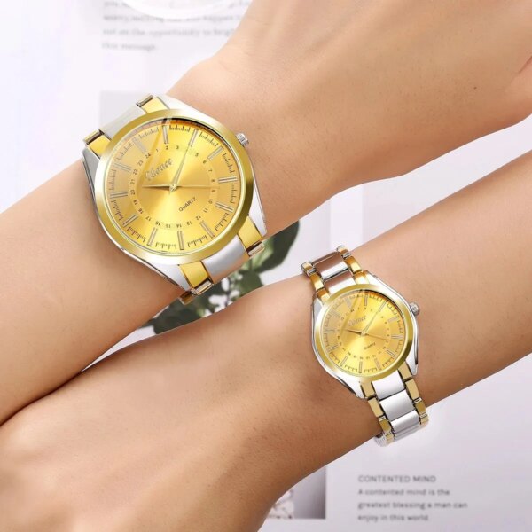 2Pcs Men's And Women's Couples Gold-Faced Dial Dar Digital Pointer Steel Strap Quartz Watch Set Valentine's Day Christmas Gift