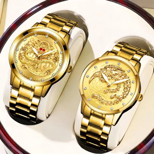 2pcs/set Couple Luxury Full Gold Clock Big Dial Dragon Phoenix Waterproof Men Women Luminous Calendar Date Round Quartz Watches