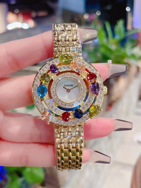 36mm Colored Gemstone Women Quartz Watch Stainless Steel 3 Circle Zircon Round Shell Dial Clock Top Quality