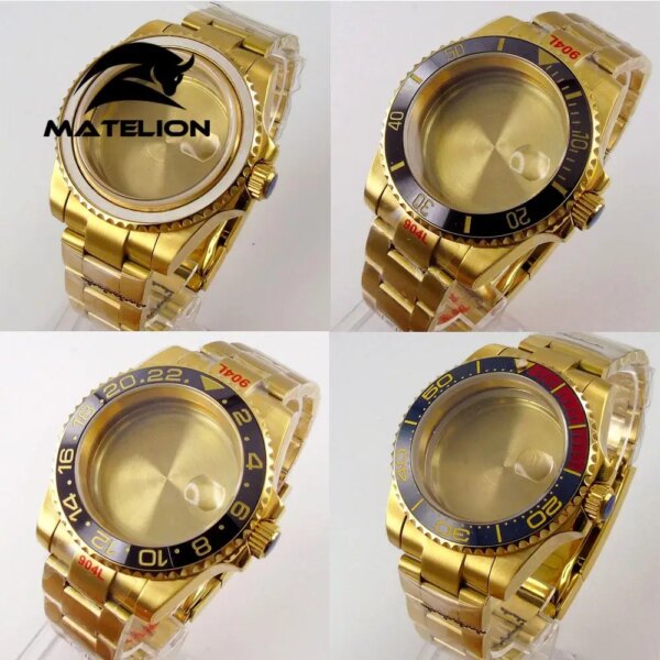 40mm Gold Plated Sapphire Watch Case+Oyster Bracelet Fit For NH35 Miyota 8215 821A ETA eta 2836 Movement Date Cyclops