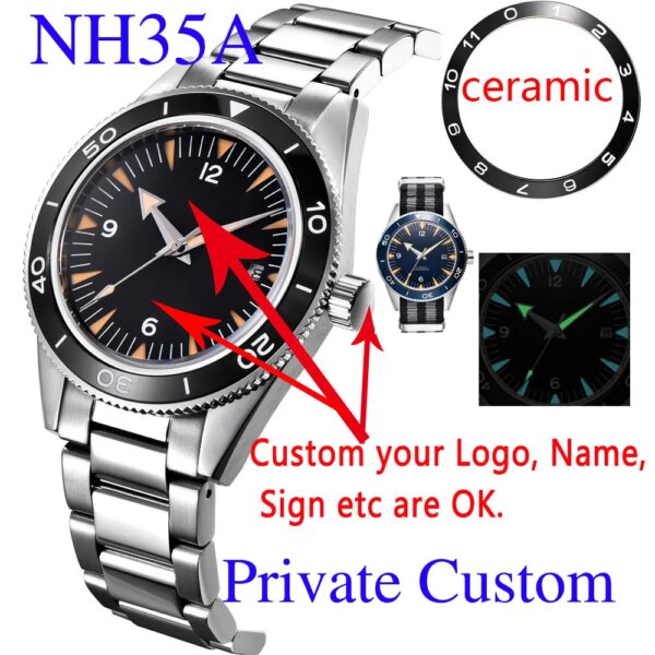 41MM Customized Personalized NH35A Engrave With Your Name Logo Men Automatic Wristwatch Steel Nylon Leather Band Miyota Seagull