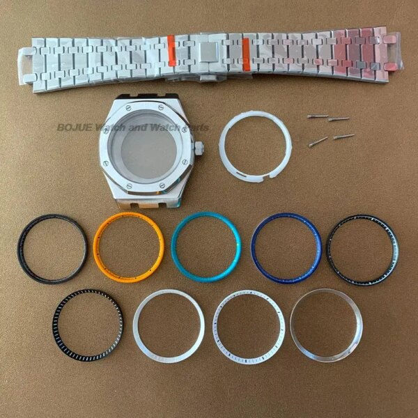 41mm NH35 Watch Case Steel Band Inner Shadow Circle Sapphire Glass Watch Accessory Set for Oak NH36 Movement Parts