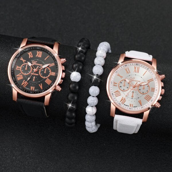 4PCS/Set Geneva Couple Watch Women's Watch Casual Leather Strap Quartz Watch Beaded Bracelet Set