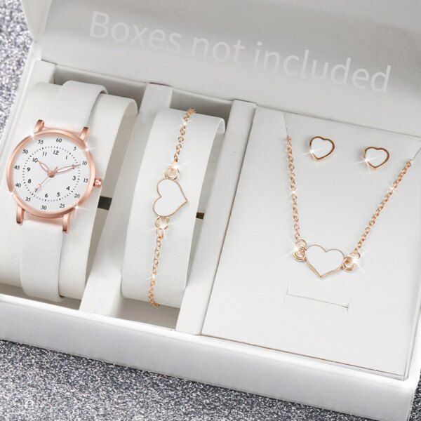 4PCS/Set Women Watch Heart Jewelry Set Fashion Small Arabic Dial Female Leather Band Wristwatches（Without Box）