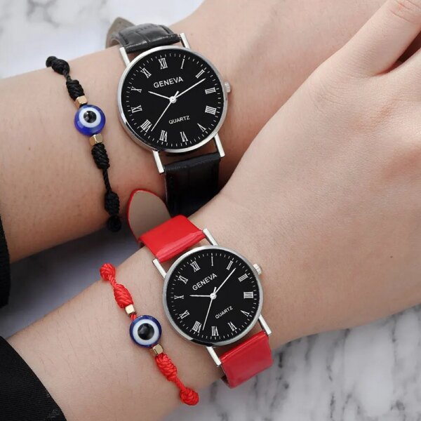 4pcs Couple Quartz Watch Woven Bracelet For Couple Date Roman Numerals Watch Blue Evil Eyes Couple Bracelet Watch Set