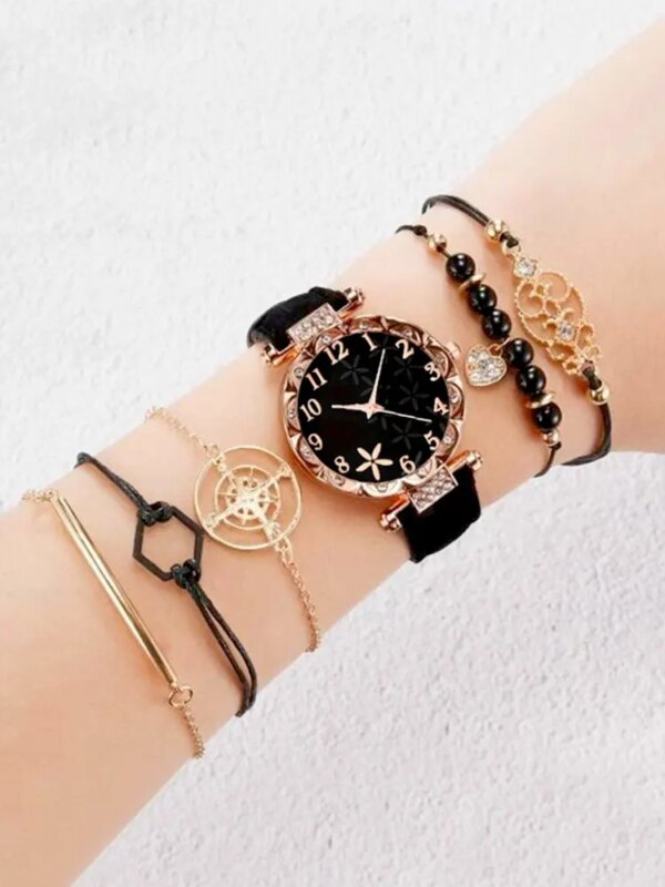 6pcs Fashion Versatile Petal Diamond Women's Belt Quartz Watch with Bracelet Combination Set