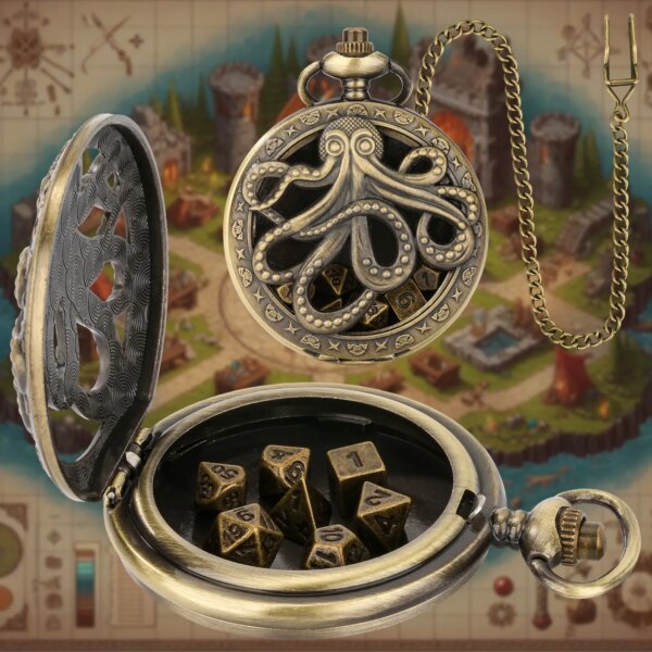 7 PCS DND Dice with Vintage Pocket Watch Cases for dnd with 35cm chain Hollow clock gear pocket watch DND dice Gifts Board Game