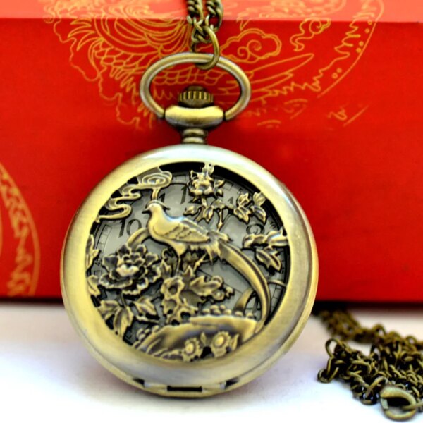 9004Style Pocket Watch With Chain Watch Vintage Classic Steampunk Skeleton Bronze Alloy Hollow Chinese Peony Phoenix Mechanical