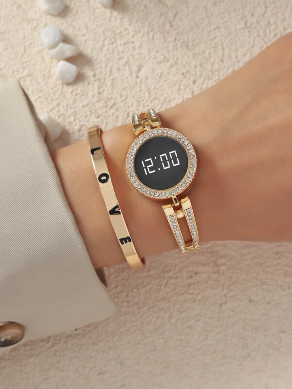 A Women's Gold Fashion Digital Watch With Rhinestones And A Love Bracelet. For Daily Life