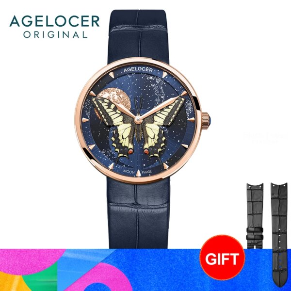 AGELOCER Astronomer Butterfly Dial Ladies Luxury Gold Watch Quartz Moon Phase Watch Birthday Gift for Women