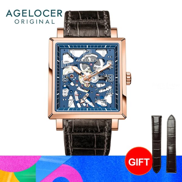 AGELOCER Codex Men's Luxury Gold Watch Square Hollow Luminous Manual Mechanical Watch Birthday Gift for Men