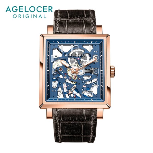 AGELOCER Men's Square Double Sided Hollow Black Skeleton Automatic Mechanical Stainless Steel Luminous Analog Dress Watch